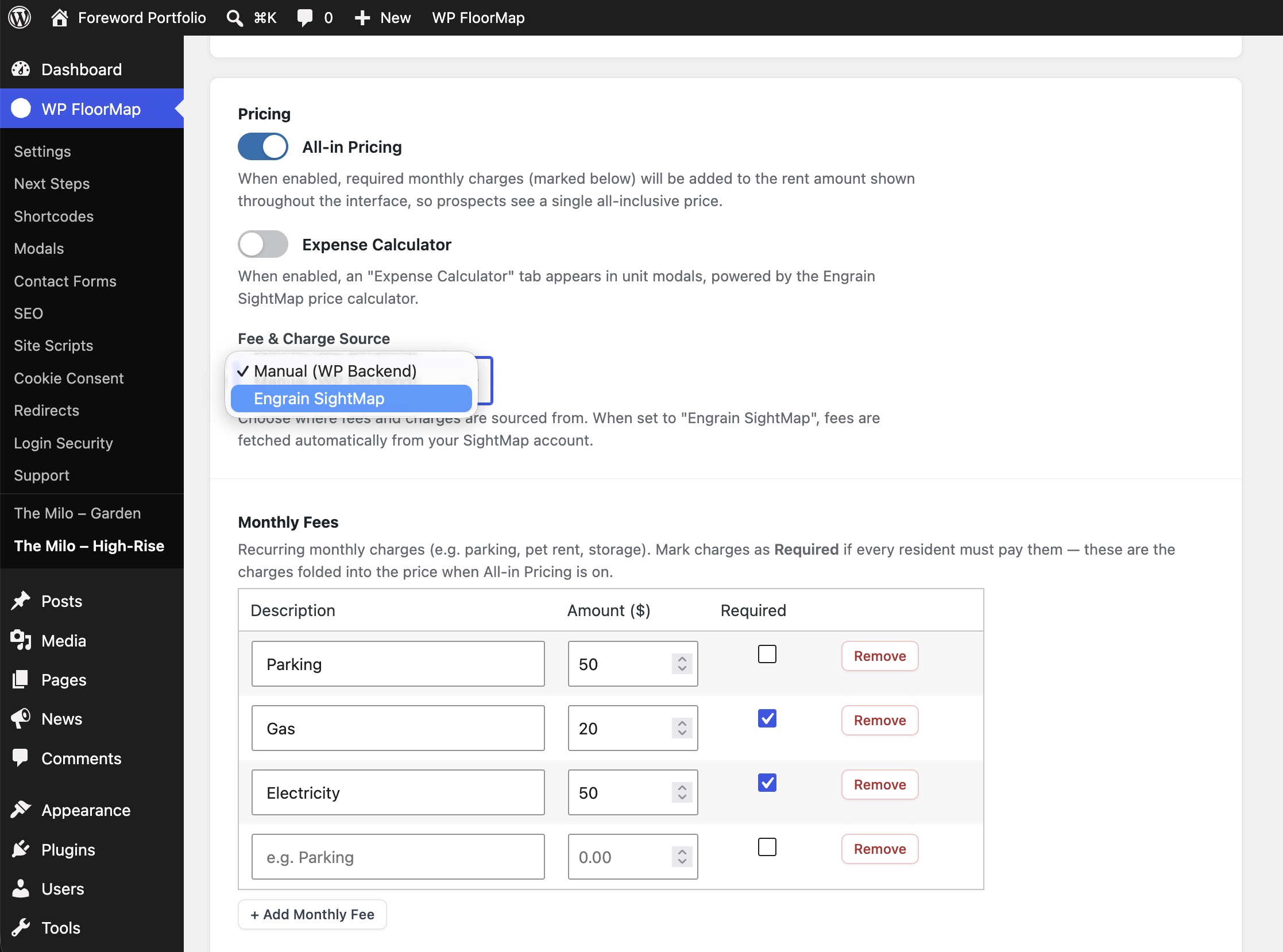 All-in pricing on a WP FloorMap site: mandatory fees folded into the total shown next to each unit