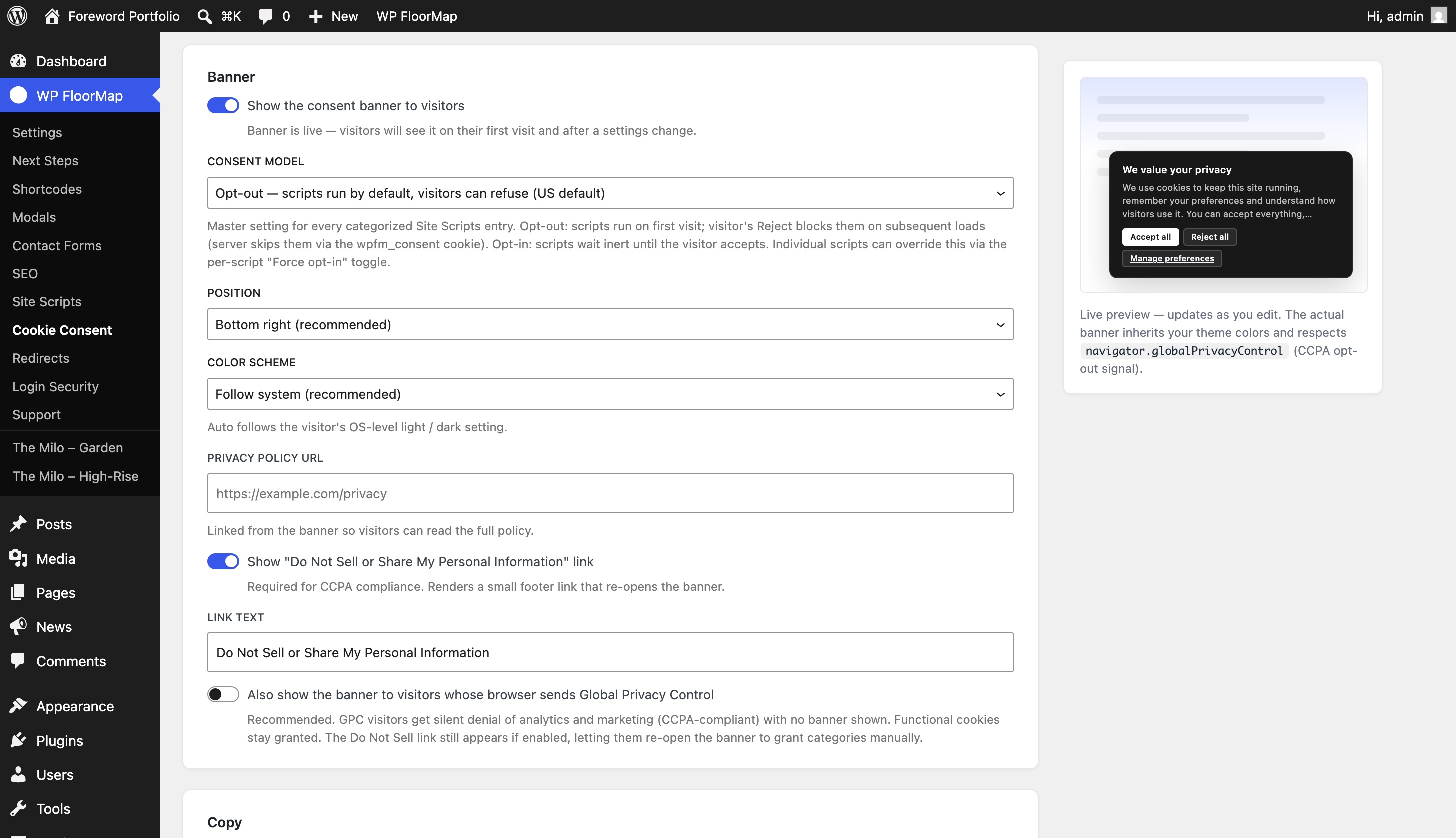 WP FloorMap's cookie-consent manager in the WordPress admin: category toggles, Global Privacy Control handling and the on-brand banner copy