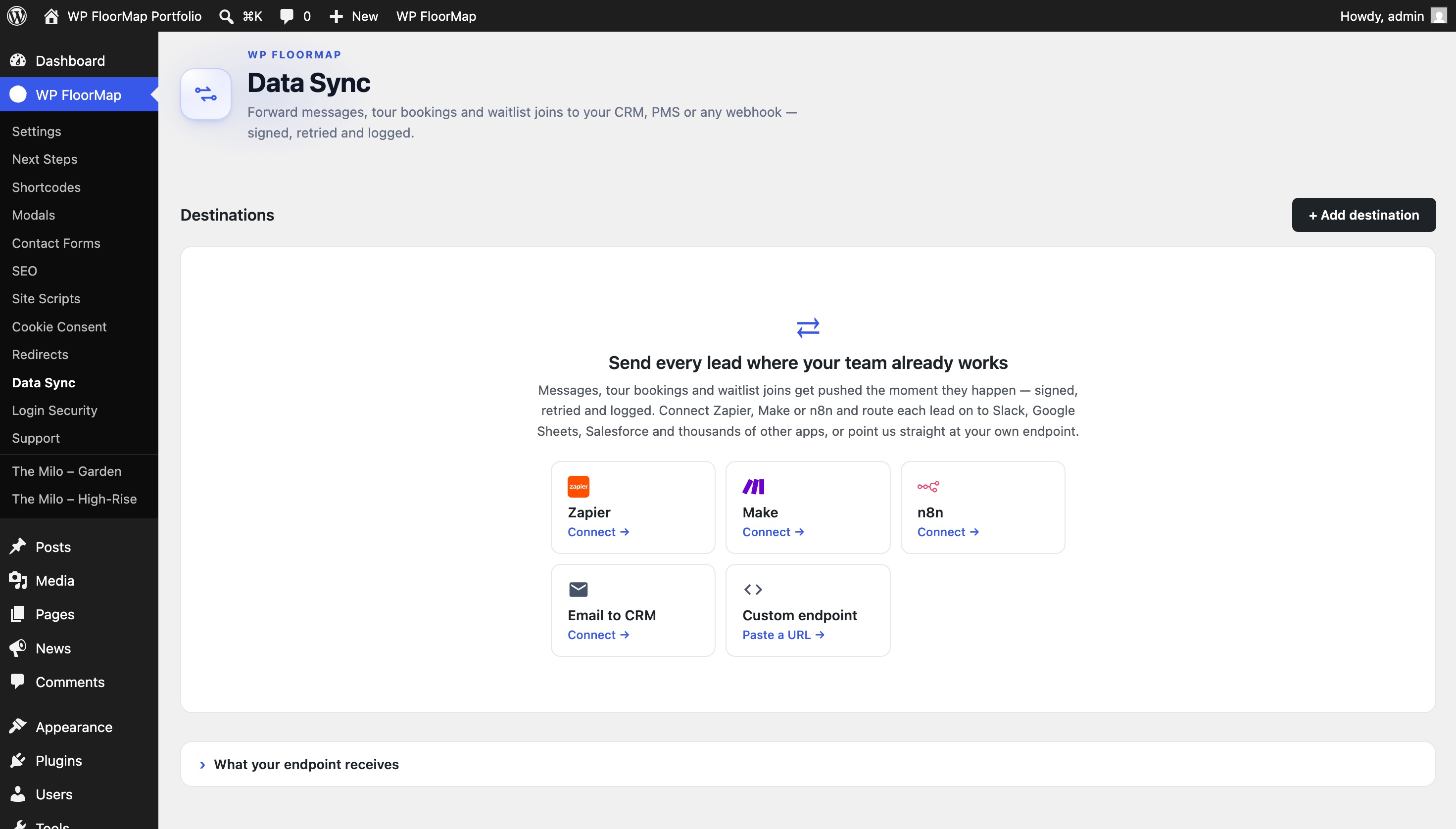 The Data Sync page in the WP FloorMap admin, with one-click connect cards for Zapier, Make, n8n, Email to CRM and a custom endpoint