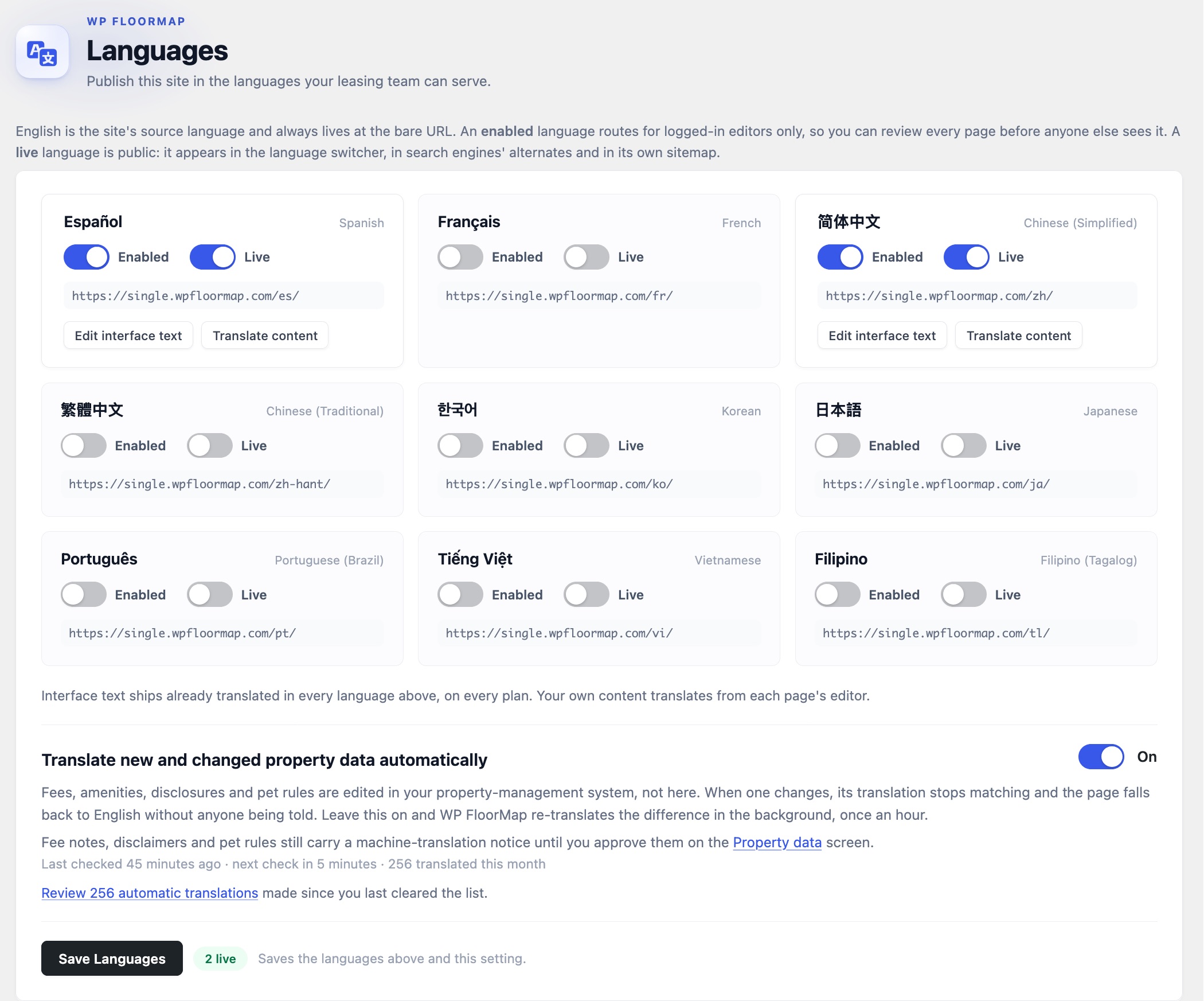 The WP FloorMap Languages screen: language cards with Enabled and Live switches, per-language URLs and the automatic property-data translation setting