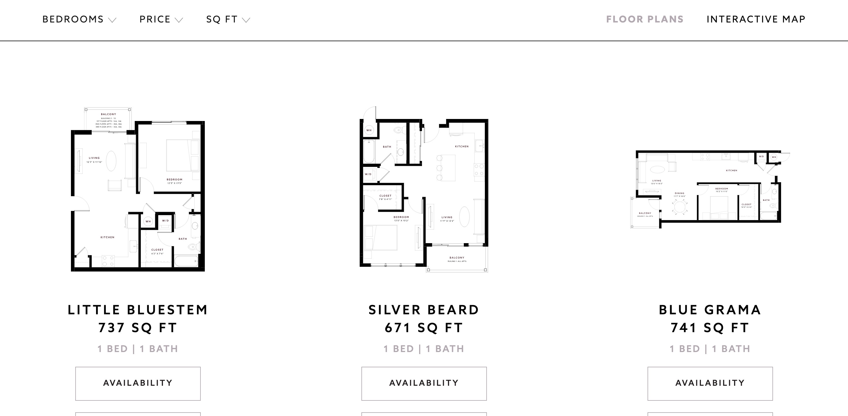 The Floor Plans tab of a two-tab apartment site: static floor-plan cards with a name and a bed-and-bath count and an Availability button, but no live price or move-in date