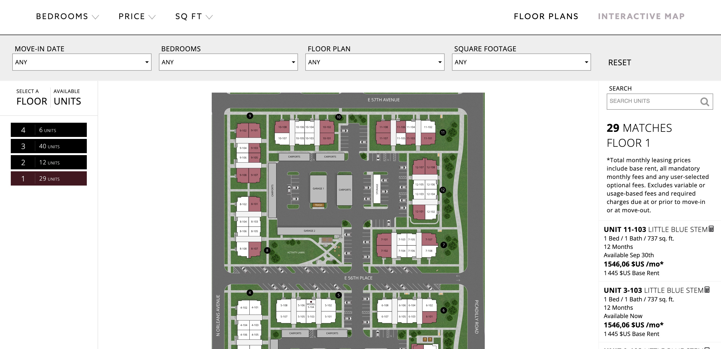 The Interactive Map tab of a two-tab apartment site: a live Engrain SightMap with per-unit cards, availability and all-in pricing, and a separate custom filter bar above it
