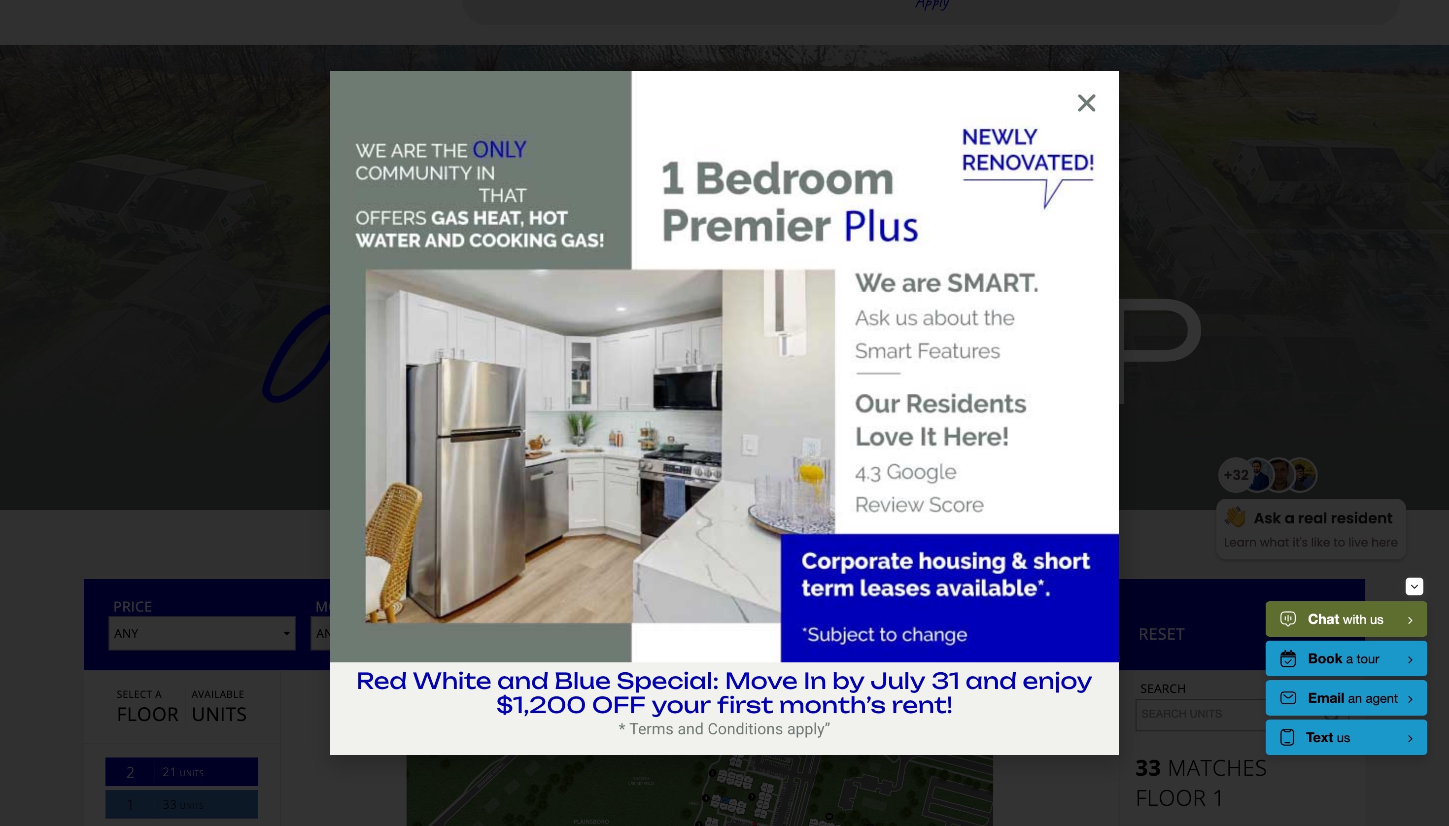 An apartment community website with a promotional modal, a resident chat bubble and four contact buttons open at the same time over a dimmed floor plan search