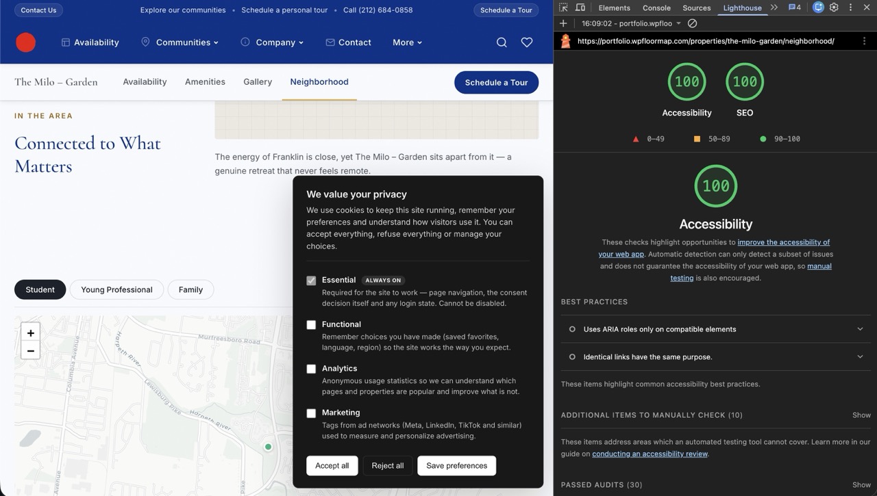 WP FloorMap&rsquo;s built-in accessibility and compliance tools — contrast checks, cookie consent and dynamic pricing disclaimers