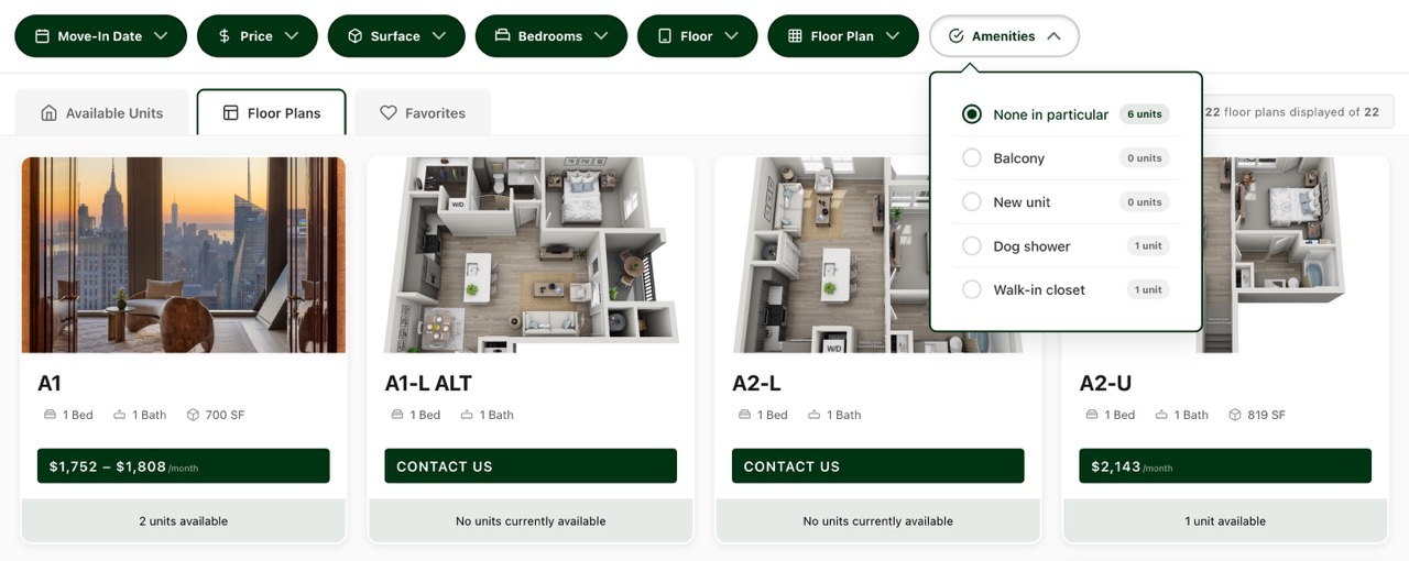 Richer Filters — advanced amenity, floor plan and availability filters