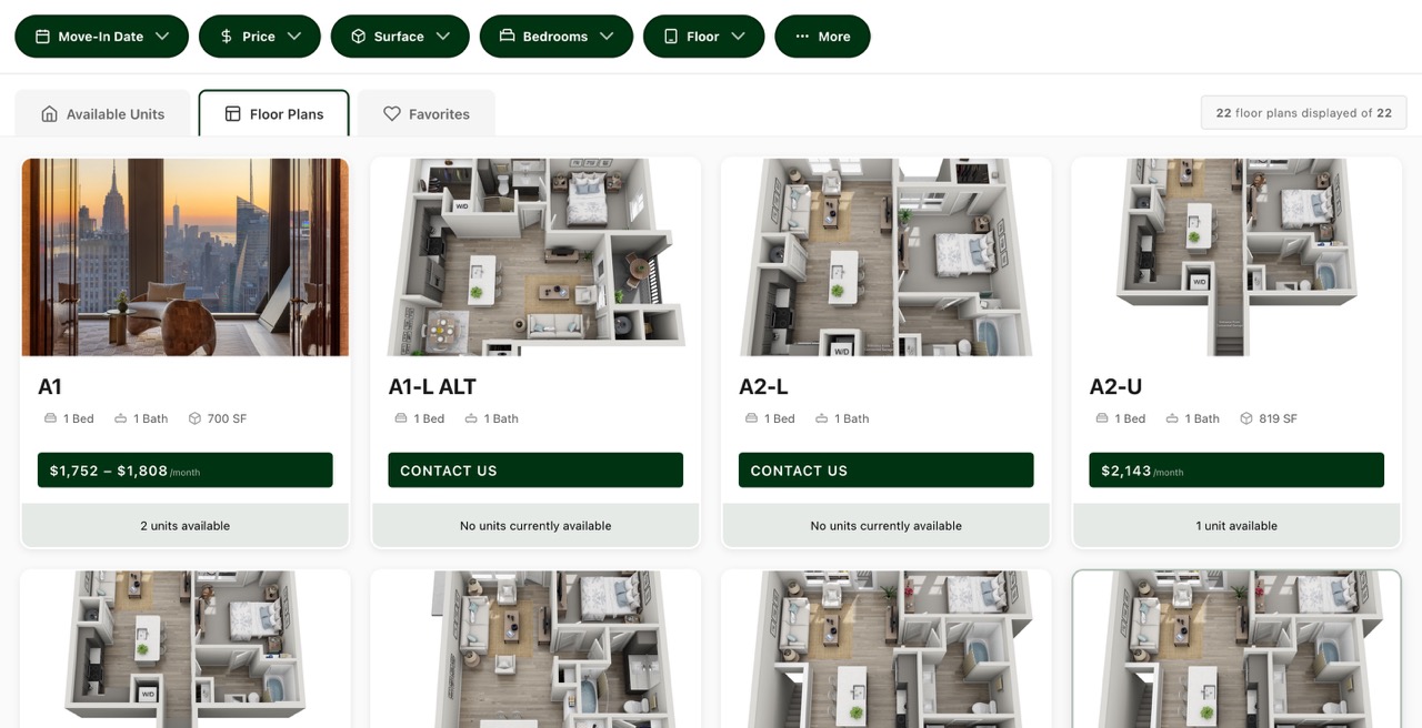 Floor Plan Gallery — card-based floor plan browser with unit counts