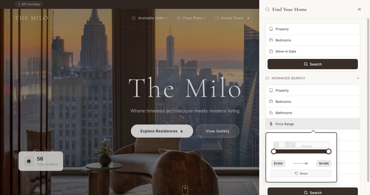 Multi-property search builder with property selector and unit cards