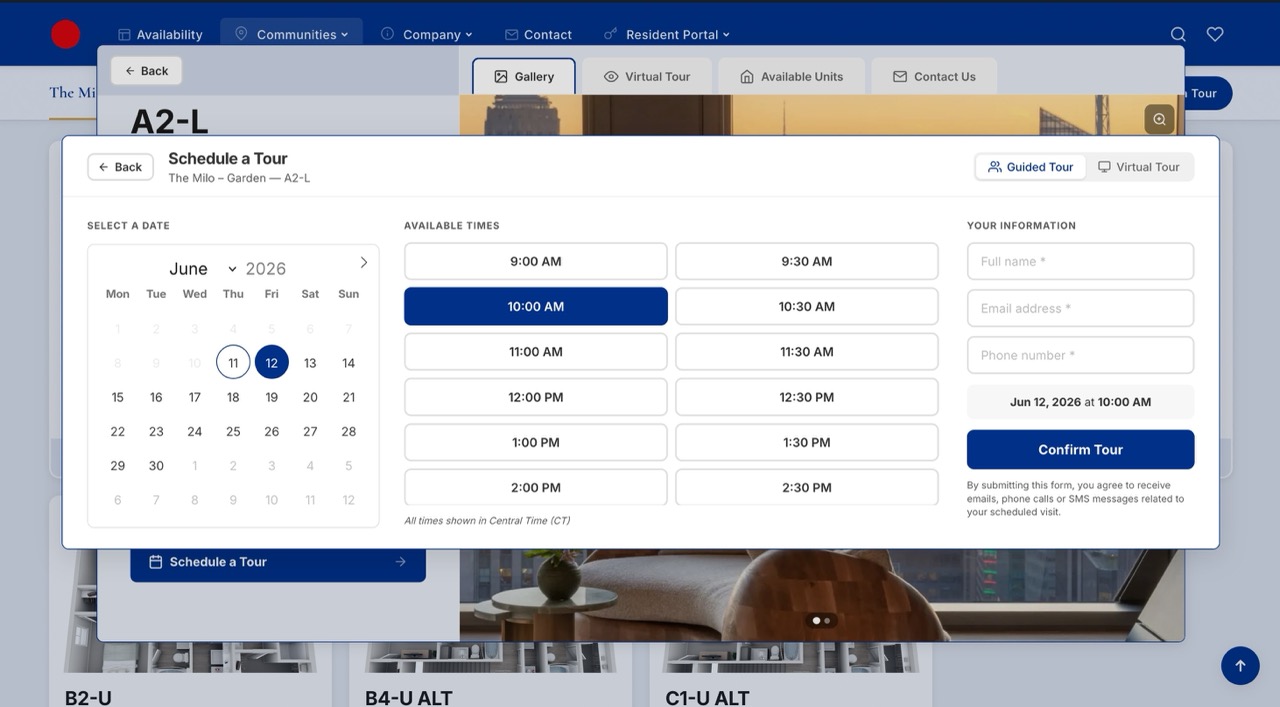 Booking a tour from a unit on a WP FloorMap site
