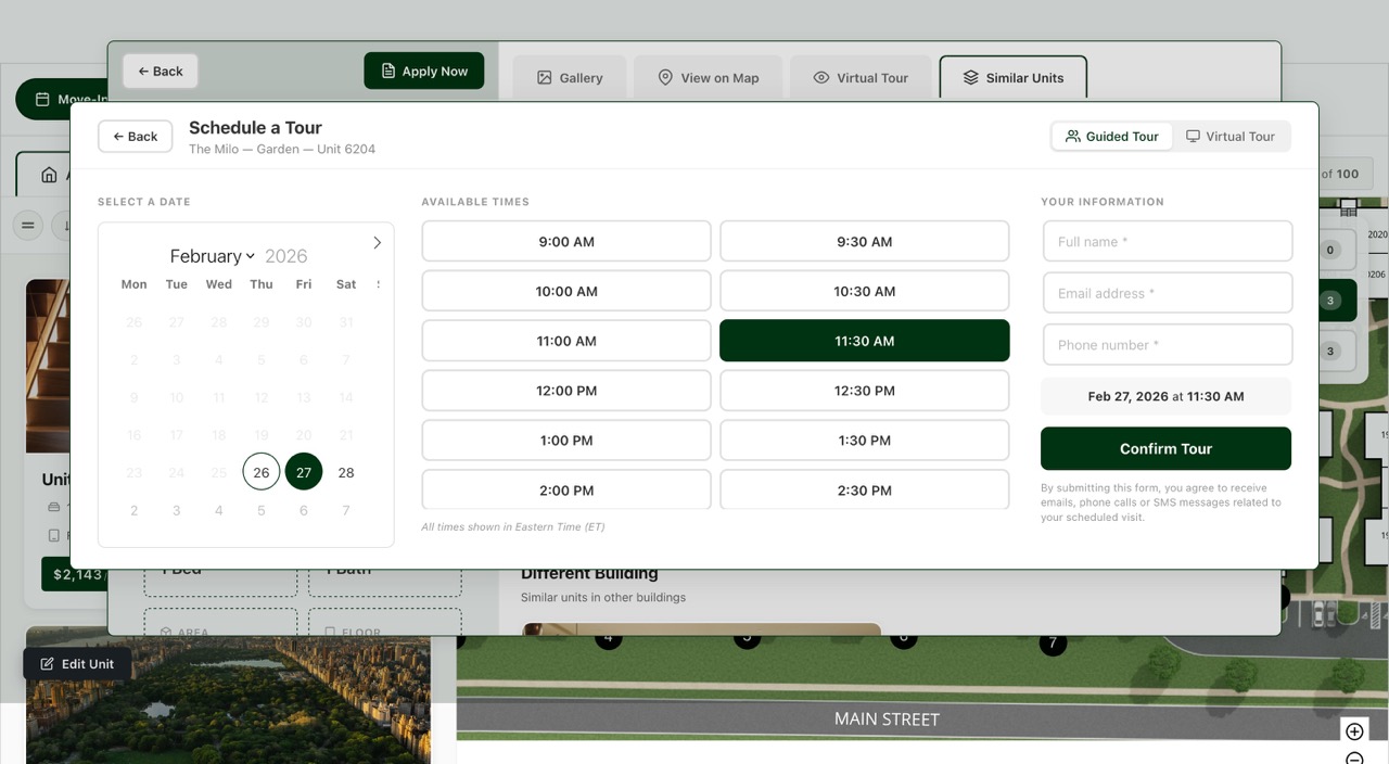 Tour scheduling — calendar, time slots and booking form